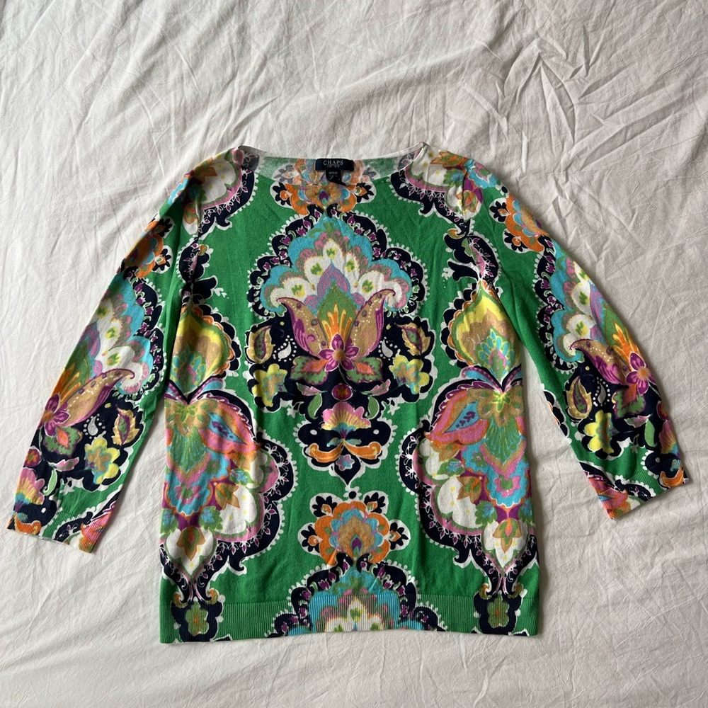 Chaps 3/4 sleeve green floral print cotton sweater top M